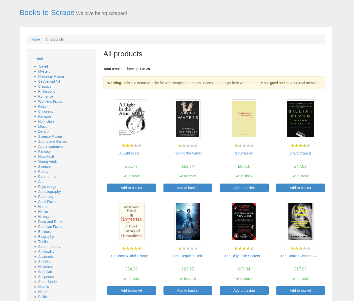 The books.toscrape.com catalogue: a grid of book cards, each with a cover image, star rating, title, price and "In stock" badge — the repeating structure the generator will detect as item_selector "article.product_pod"