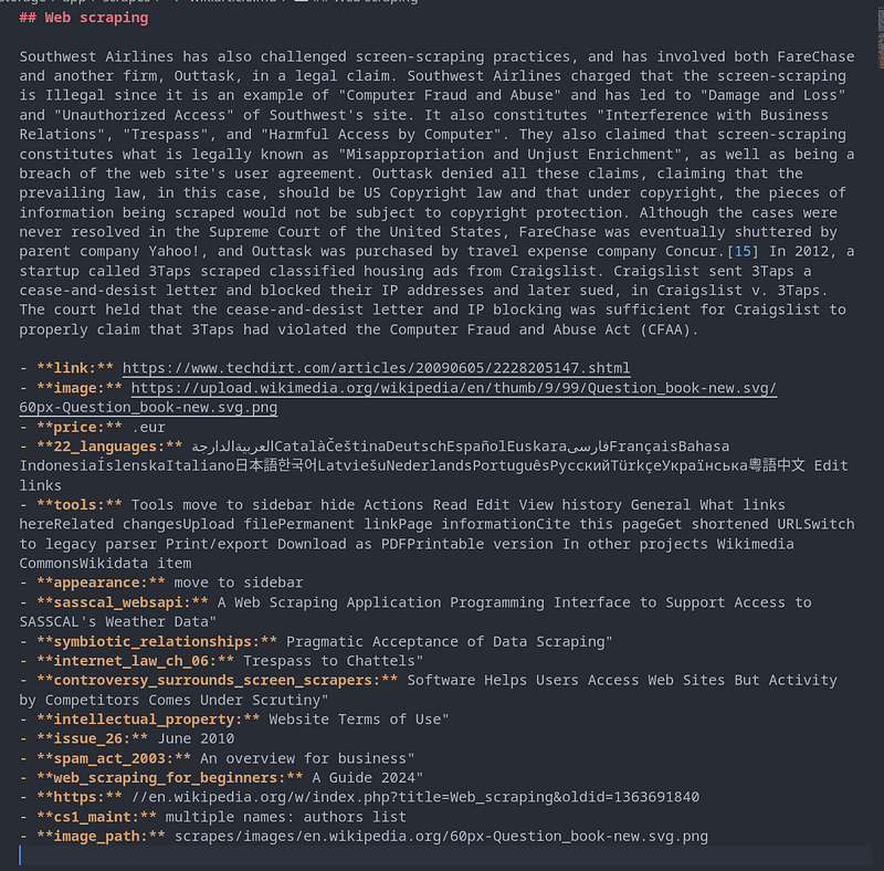 A generated markdown file open in an editor: a "## Web scraping" heading, paragraphs of scraped body text, and a metadata bullet list with fields like link, image, price and image_path