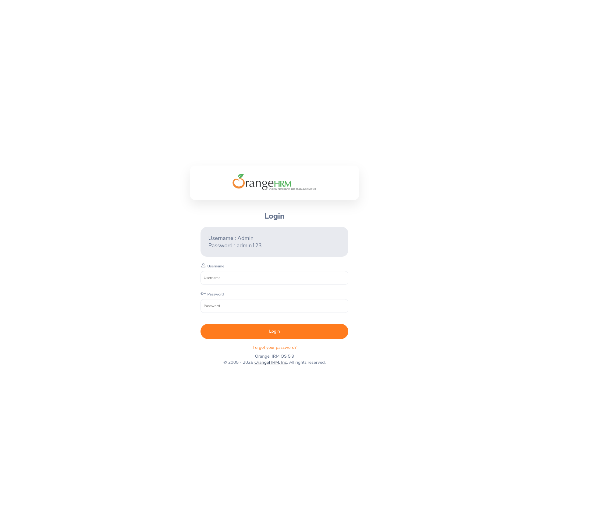 The OrangeHRM demo login page: the OrangeHRM logo above a Login form, with a grey box printing the demo credentials "Username: Admin / Password: admin123"