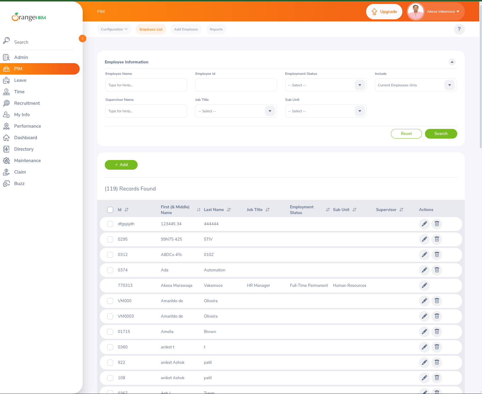 The OrangeHRM PIM Employee List after login: a search panel over a table of employees (Id, First/Middle Name, Last Name, Job Title, Employment Status, Sub Unit, Supervisor), "(119) Records Found" — the data we want, visible only when authenticated