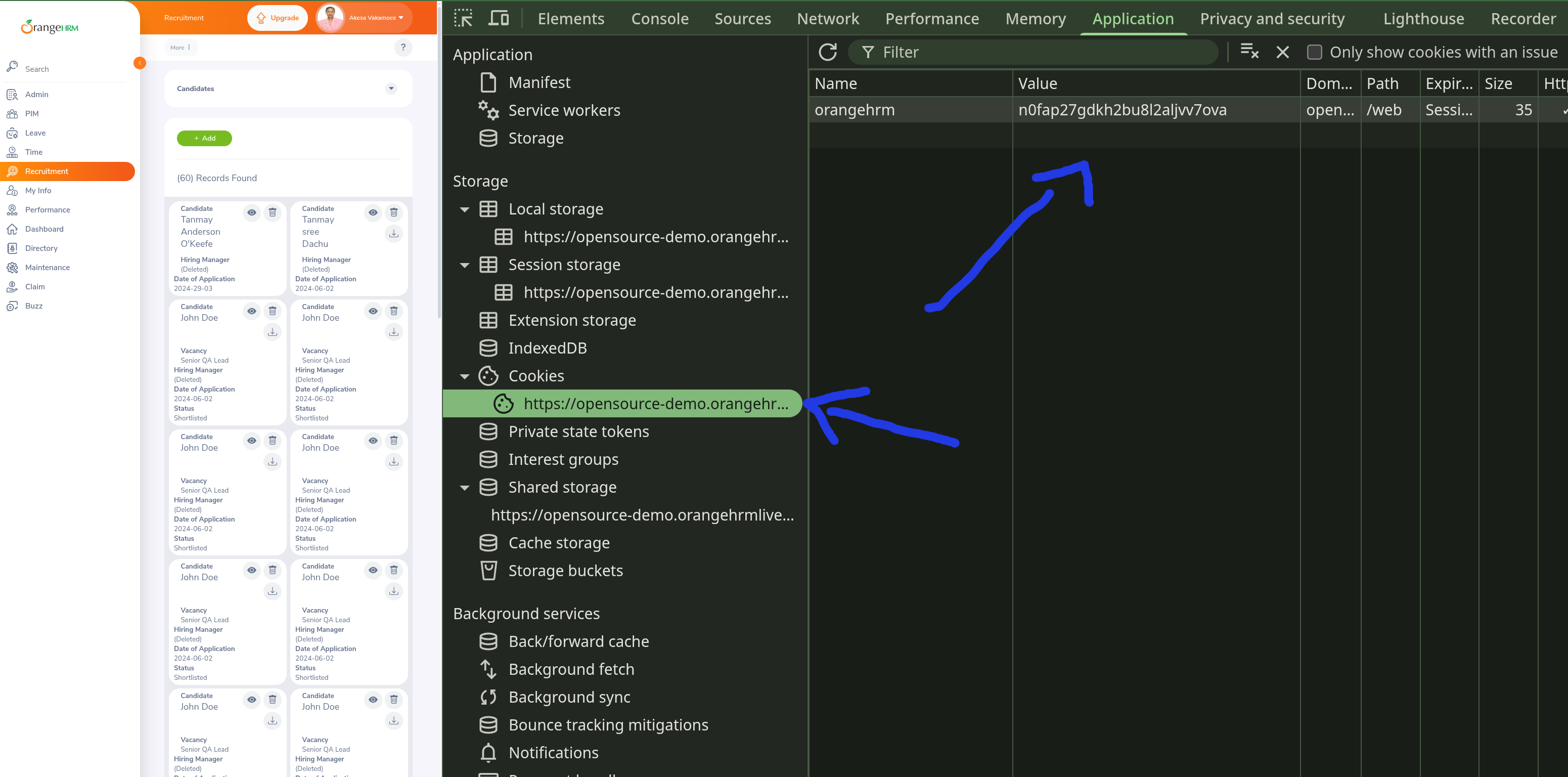 Browser DevTools open on the Application tab, Cookies expanded for the OrangeHRM origin, showing one cookie named "orangehrm" with its session value highlighted — arrows point to the cookie entry and its value column