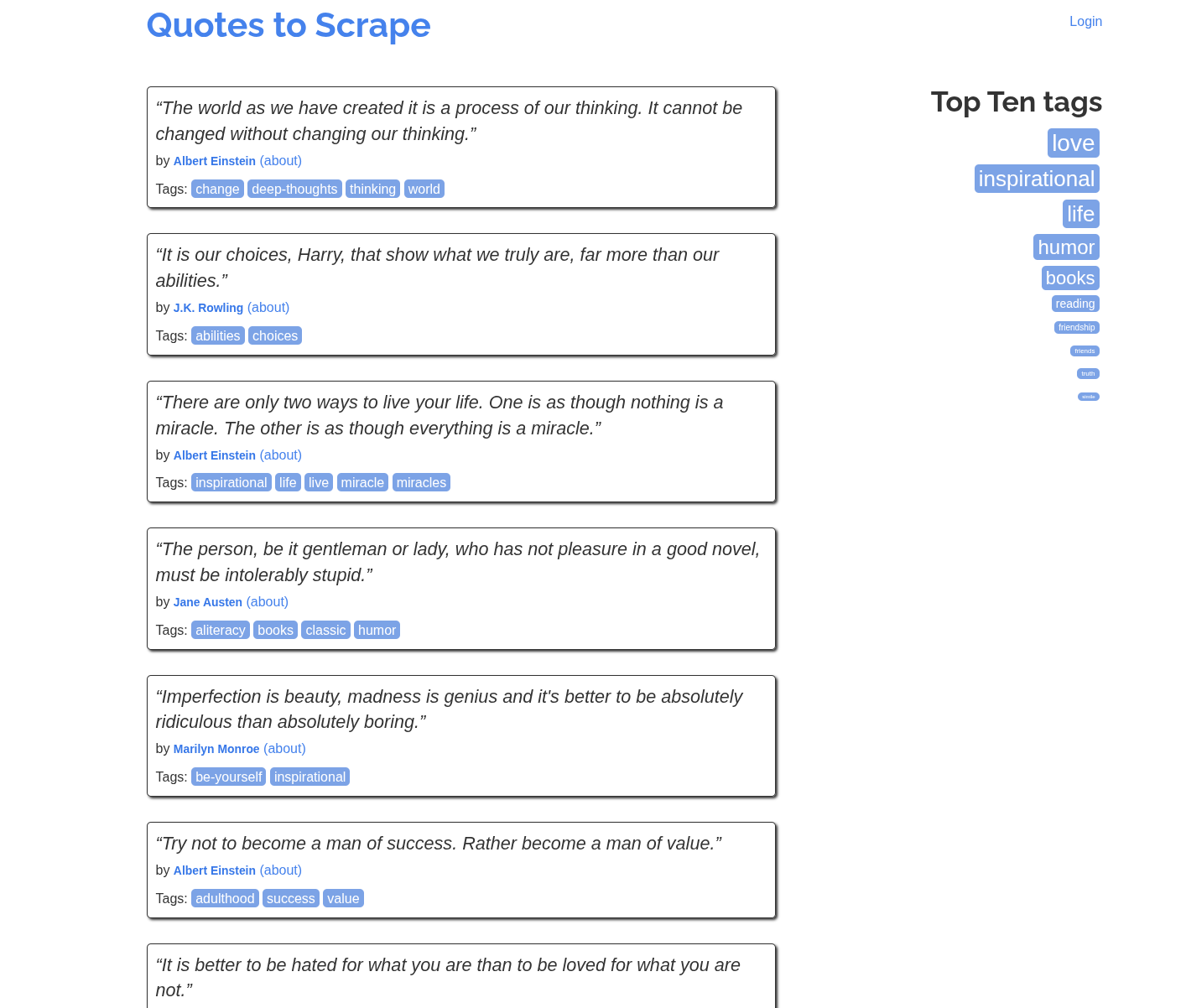 The quotes.toscrape.com homepage: a column of quote cards (text, author, tag badges) with a "Top Ten tags" box in the right sidebar — the sidebar is the cleaner repeating list, which is exactly what auto-detection will wrongly pick