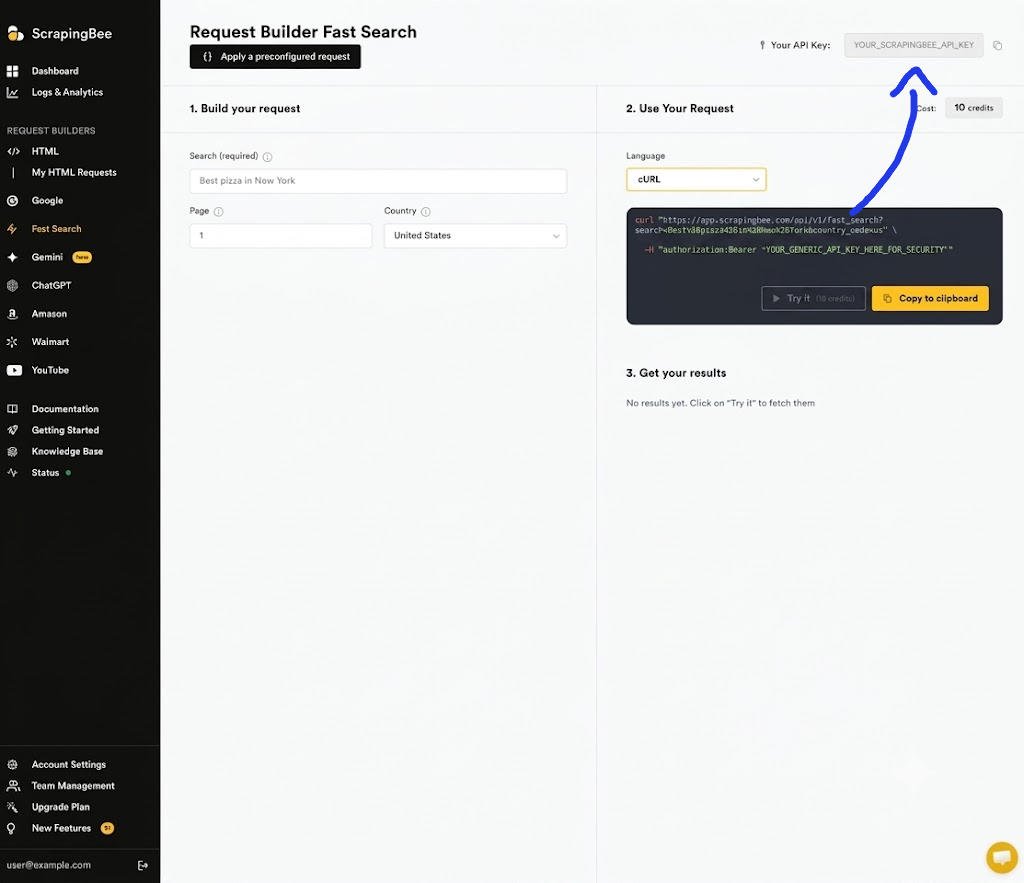 The ScrapingBee dashboard's request builder: the "Your API Key" field in the top-right corner is highlighted with an arrow — this is the value that goes into SCRAPING_API_KEY