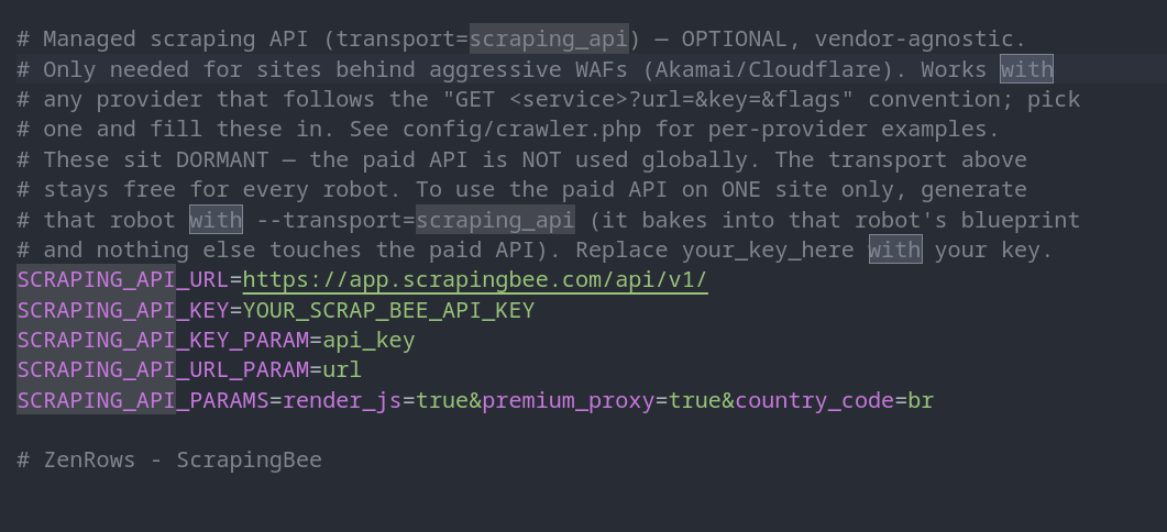 A .env file with the ScrapingBee block filled in: SCRAPING_API_URL=https://app.scrapingbee.com/api/v1/, SCRAPING_API_KEY, SCRAPING_API_KEY_PARAM=api_key, SCRAPING_API_URL_PARAM=url, SCRAPING_API_PARAMS=render_js=true&premium_proxy=true&country_code=br — with comments explaining the API stays dormant until a robot opts in