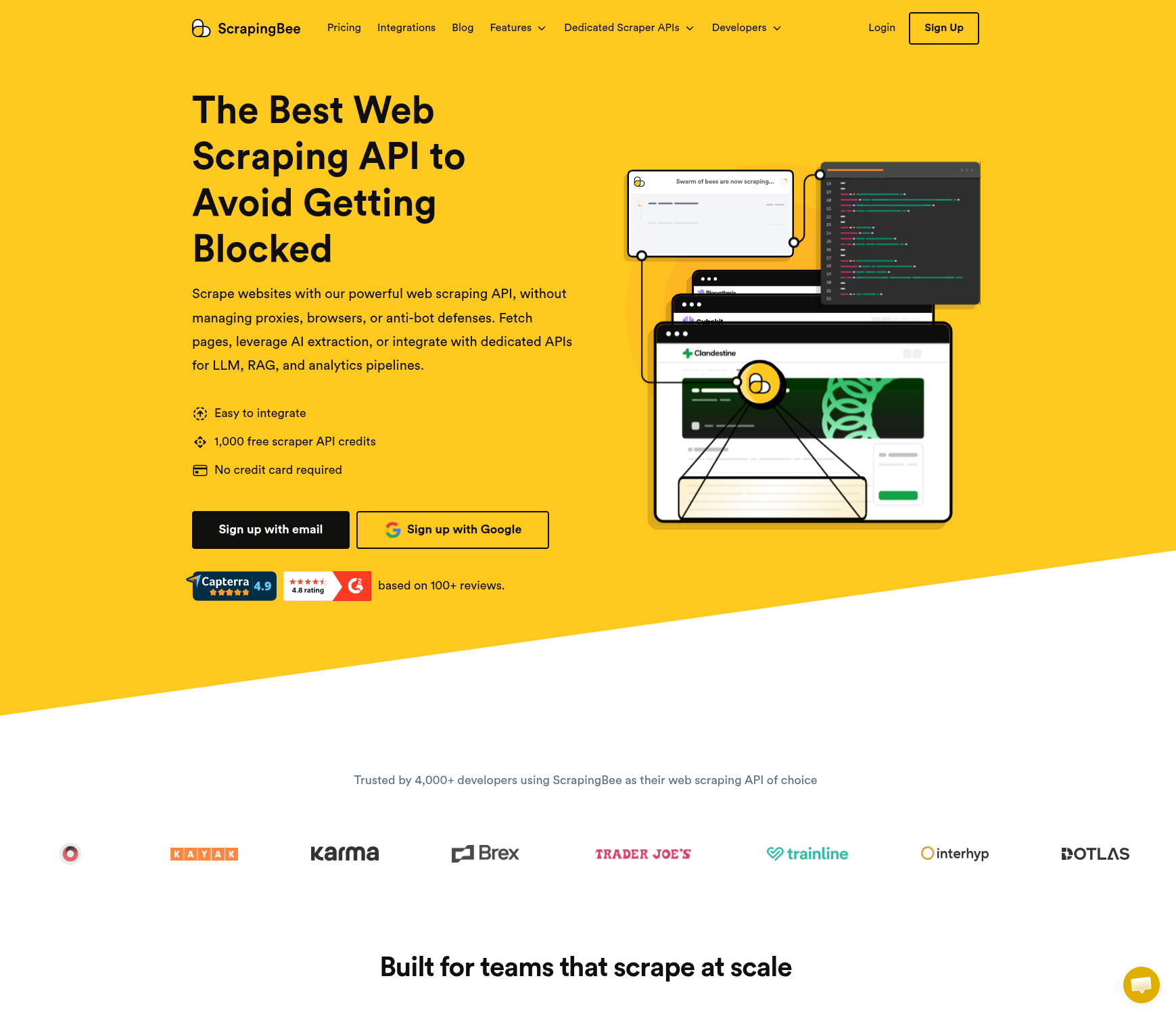 The ScrapingBee homepage: "The Best Web Scraping API to Avoid Getting Blocked" — sign-up buttons and a note offering 1,000 free scraper API credits with no credit card required