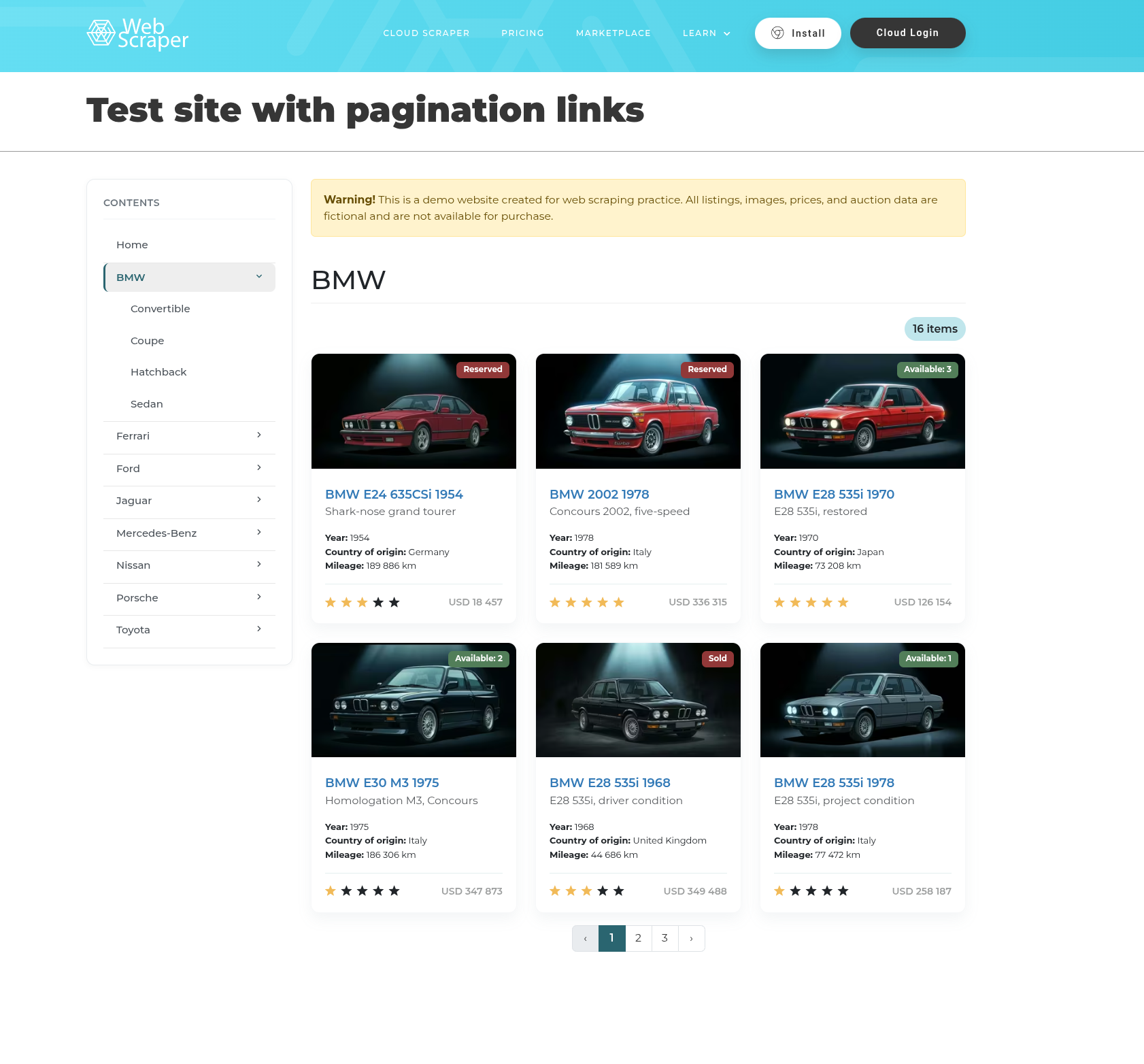 The webscraper.io BMW listing: a grid of car cards (photo, title, Year/Country of origin/Mileage, star rating, price) with numbered pagination (1 · 2 · 3) at the bottom — link_list pagination, not the "next »" link the books site used
